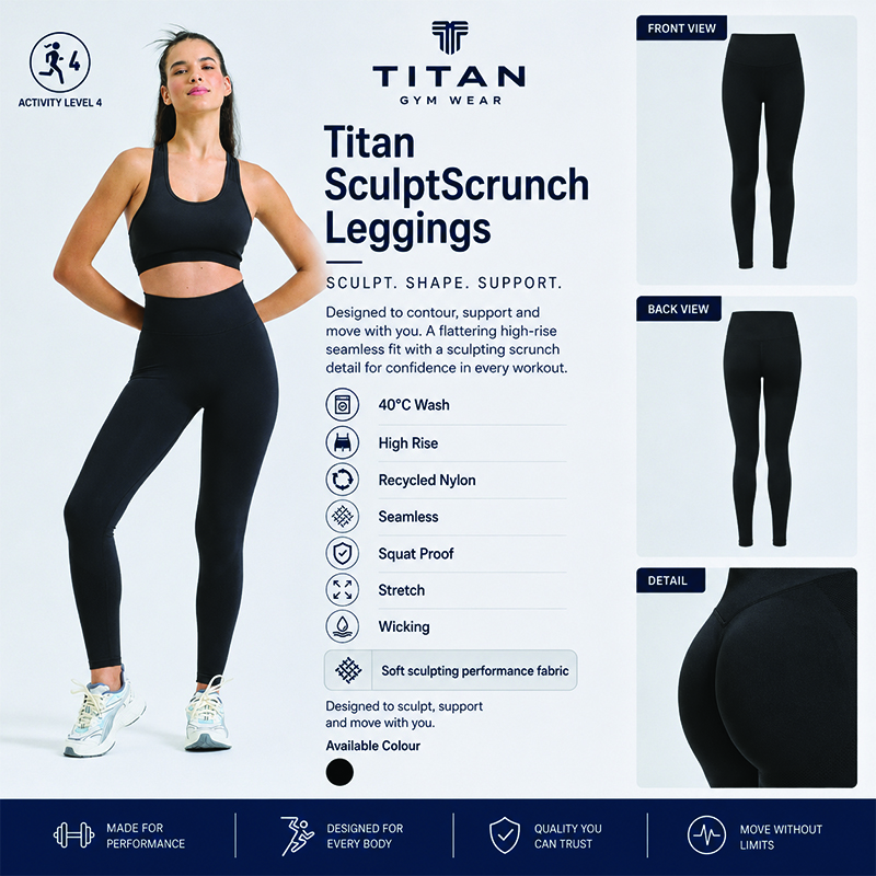 Titan Gym Wear SculptScrunch Leggings product guide featuring a model wearing black high-rise leggings, with front, back and scrunch-detail views. Highlights include seamless recycled nylon fabric, squat-proof stretch, moisture wicking, sculpting support and a 40°C wash.