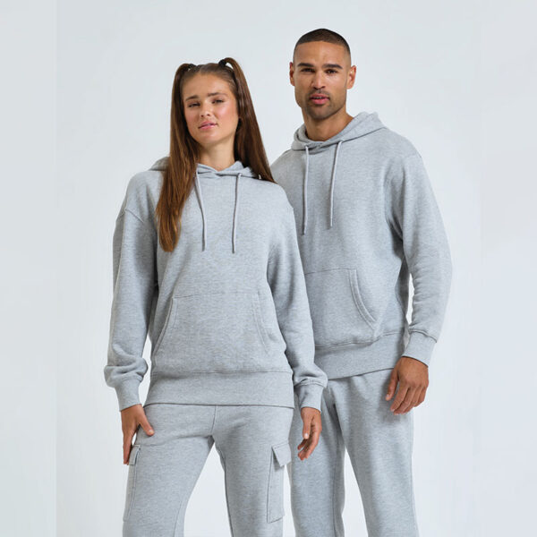 Unisex Titan oversized hoodie back view in heather grey
