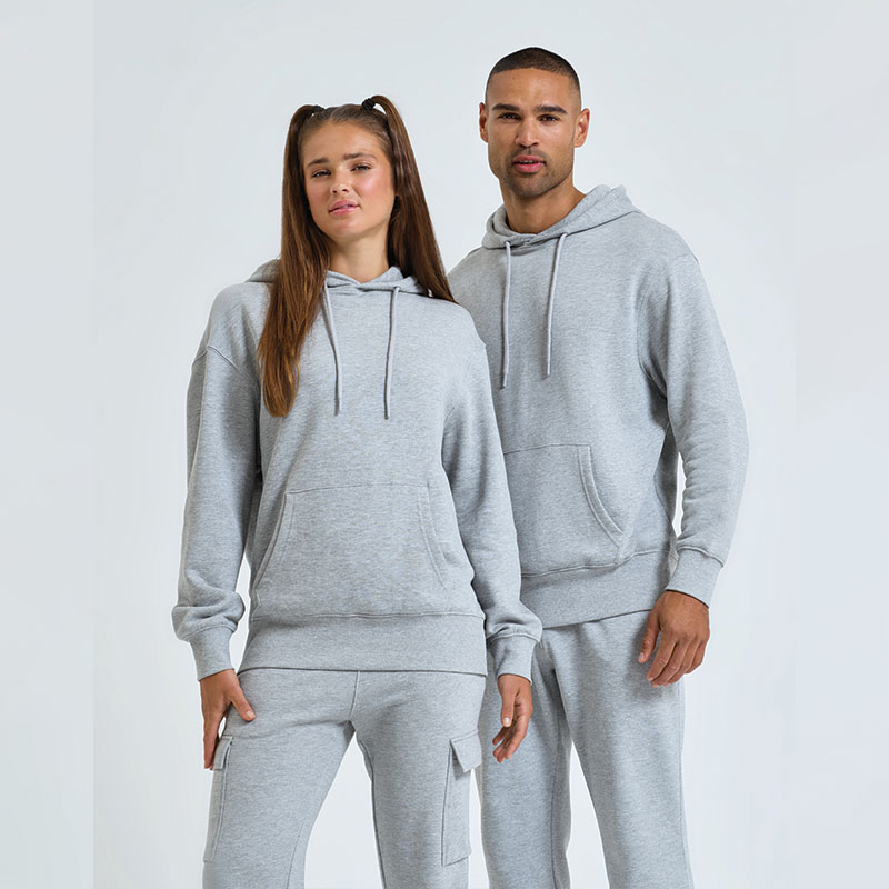 Unisex Titan oversized hoodie back view in heather grey