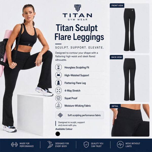 Titan Sculpt Flare Leggings product graphic featuring a female model wearing black high-waisted flared leggings, with front, back and waistband detail views. Highlights include a sculpting fit, four-way stretch, squat-proof and moisture-wicking fabric.
